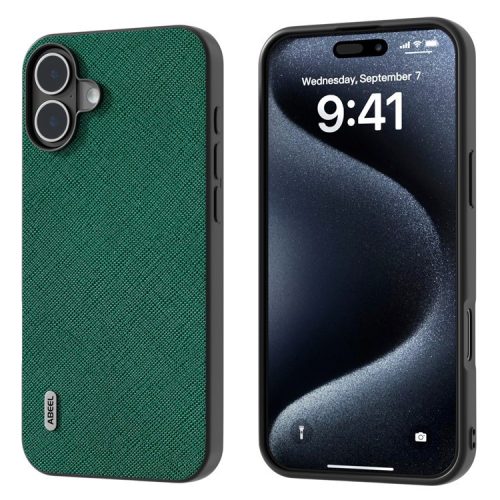 ABEEL For iPhone 16 Case Cross Texture Genuine Cow Leather Hybrid Phone Case - Green