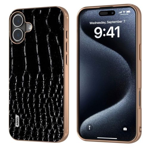 ABEEL For iPhone 16 Case Electroplating Edge Crocodile Texture Genuine Cow Leather Back Phone Cover - Black