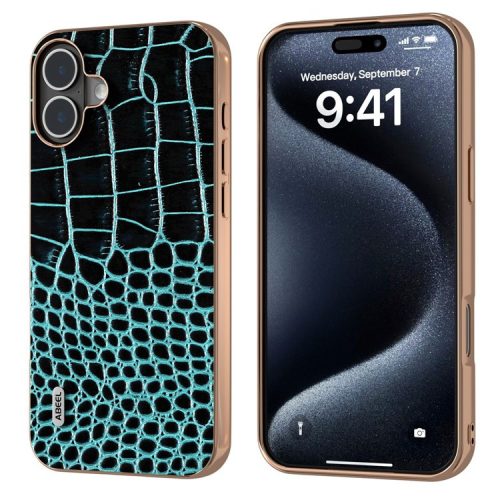 ABEEL For iPhone 16 Case Electroplating Edge Crocodile Texture Genuine Cow Leather Back Phone Cover - Midnight Green