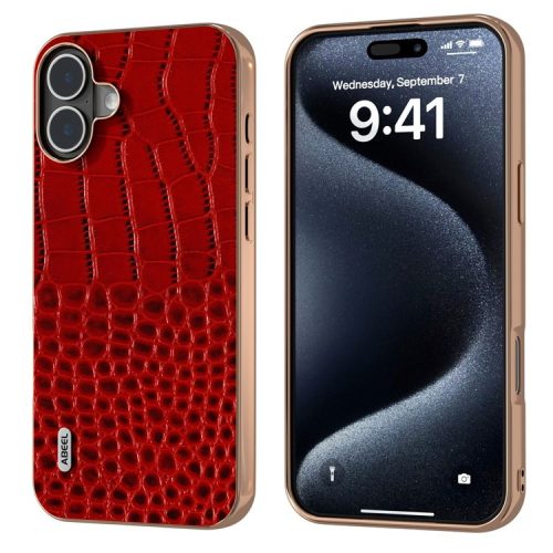 ABEEL For iPhone 16 Case Electroplating Edge Crocodile Texture Genuine Cow Leather Back Phone Cover - Red