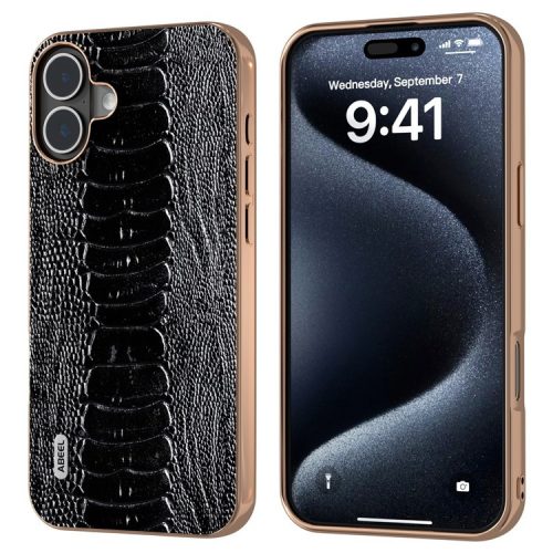 ABEEL For iPhone 16 Case Electroplating Edge Crocodile Texture Genuine Cow Leather+TPU+PC Phone Cover - Black