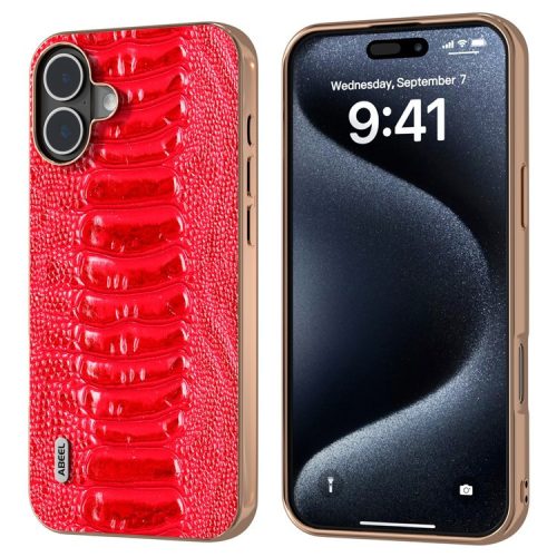 ABEEL For iPhone 16 Case Electroplating Edge Crocodile Texture Genuine Cow Leather+TPU+PC Phone Cover - Red