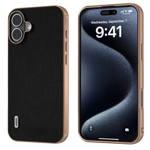 ABEEL For iPhone 16 Case Electroplating Edge Genuine Cow Leather+PC+TPU Phone Cover - Black