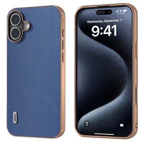 ABEEL For iPhone 16 Case Electroplating Edge Genuine Cow Leather+PC+TPU Phone Cover - Blue