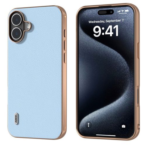 ABEEL For iPhone 16 Case Electroplating Edge Genuine Cow Leather+PC+TPU Phone Cover - Blue