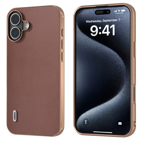 ABEEL For iPhone 16 Case Electroplating Edge Genuine Cow Leather+PC+TPU Phone Cover - Coffee