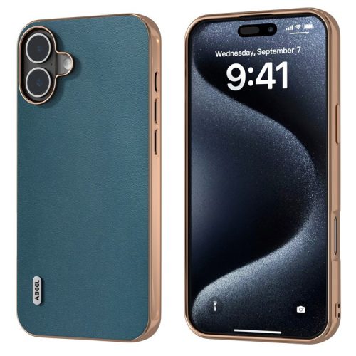 ABEEL For iPhone 16 Case Electroplating Edge Genuine Cow Leather+PC+TPU Phone Cover - Green