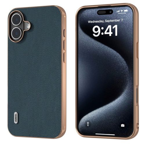 ABEEL For iPhone 16 Case Electroplating Edge Genuine Cow Leather+PC+TPU Phone Cover - Green