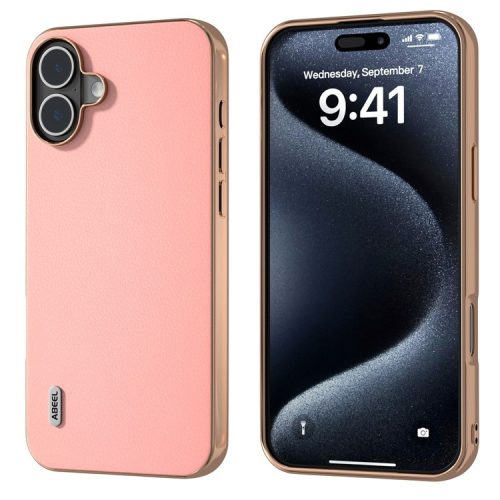 ABEEL For iPhone 16 Case Electroplating Edge Genuine Cow Leather+PC+TPU Phone Cover - Pink