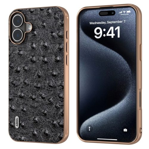 ABEEL For iPhone 16 Case Electroplating Edge Ostrich Texture Genuine Cow Leather Back Cover - Black