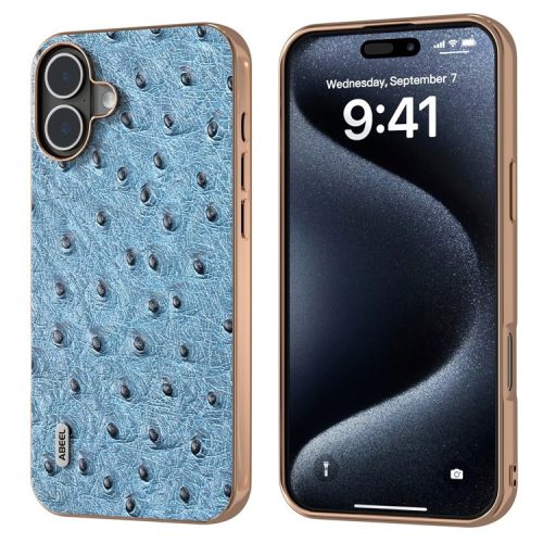 ABEEL For iPhone 16 Case Electroplating Edge Ostrich Texture Genuine Cow Leather Back Cover - Blue