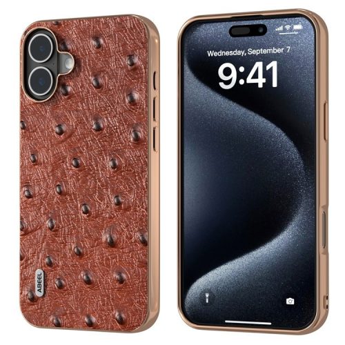 ABEEL For iPhone 16 Case Electroplating Edge Ostrich Texture Genuine Cow Leather Back Cover - Coffee