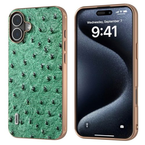 ABEEL For iPhone 16 Case Electroplating Edge Ostrich Texture Genuine Cow Leather Back Cover - Green