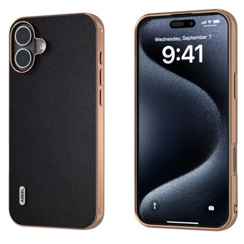 ABEEL For iPhone 16 Case Electroplating Genuine Cow Leather PC Phone Cover - Black