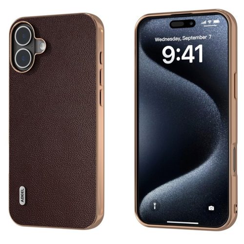 ABEEL For iPhone 16 Case Electroplating Genuine Cow Leather PC Phone Cover - Coffee