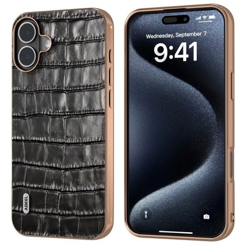 ABEEL For iPhone 16 Case Electroplating Phone Cover Crocodile Texture Genuine Cow Leather+TPU Protective Case - Black