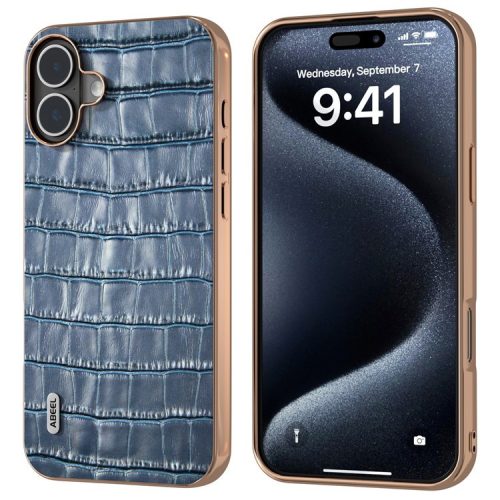 ABEEL For iPhone 16 Case Electroplating Phone Cover Crocodile Texture Genuine Cow Leather+TPU Protective Case - Blue