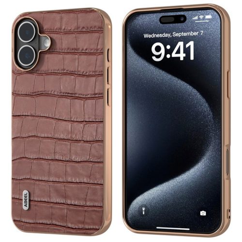 ABEEL For iPhone 16 Case Electroplating Phone Cover Crocodile Texture Genuine Cow Leather+TPU Protective Case - Brown