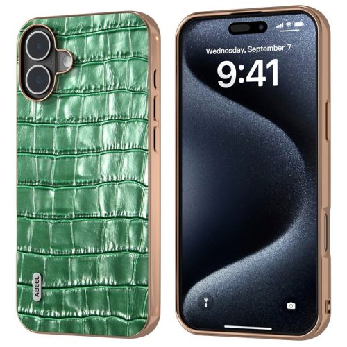 ABEEL For iPhone 16 Case Electroplating Phone Cover Crocodile Texture Genuine Cow Leather+TPU Protective Case - Green