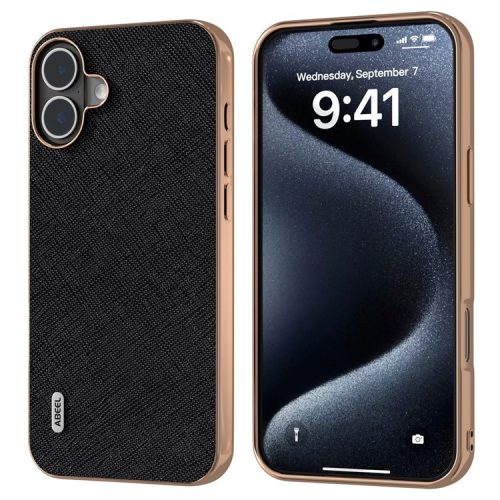 ABEEL For iPhone 16 Case Electroplating Phone Cover Cross Texture Genuine Cow Leather+TPU Protective Case - Black