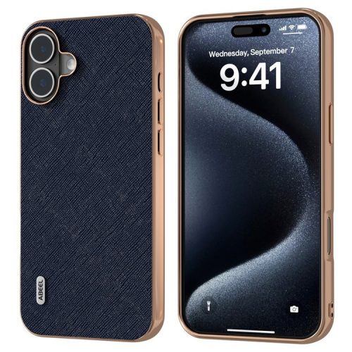 ABEEL For iPhone 16 Case Electroplating Phone Cover Cross Texture Genuine Cow Leather+TPU Protective Case - Blue