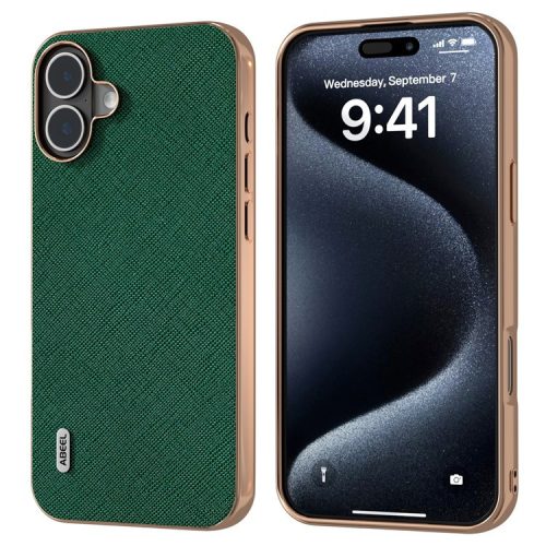 ABEEL For iPhone 16 Case Electroplating Phone Cover Cross Texture Genuine Cow Leather+TPU Protective Case - Green