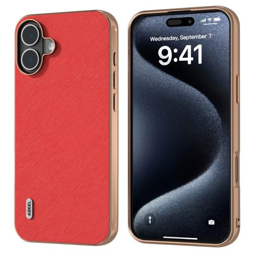 ABEEL For iPhone 16 Case Electroplating Phone Cover Cross Texture Genuine Cow Leather+TPU Protective Case - Red