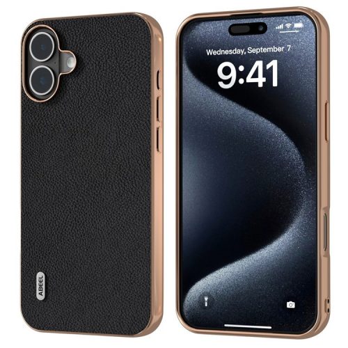 ABEEL For iPhone 16 Case Electroplating Phone Cover Horizon Series Genuine Cow Leather+TPU Protective Case - Black