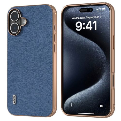 ABEEL For iPhone 16 Case Electroplating Phone Cover Horizon Series Genuine Cow Leather+TPU Protective Case - Blue