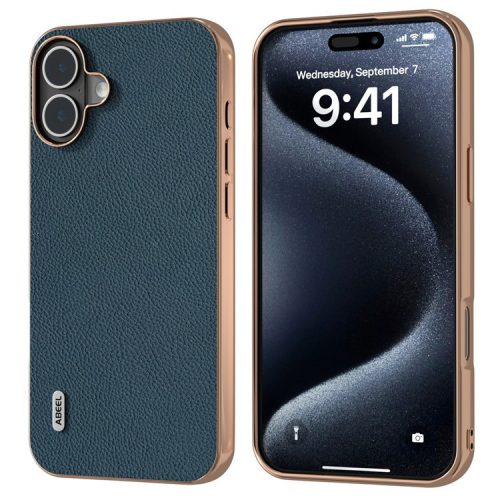 ABEEL For iPhone 16 Case Electroplating Phone Cover Horizon Series Genuine Cow Leather+TPU Protective Case - Green