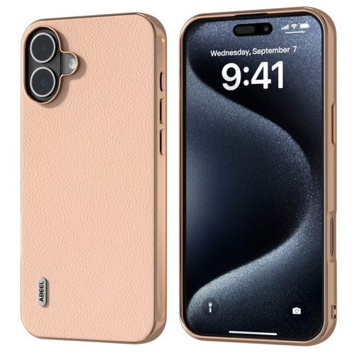 ABEEL For iPhone 16 Case Electroplating Phone Cover Horizon Series Genuine Cow Leather+TPU Protective Case - Pink