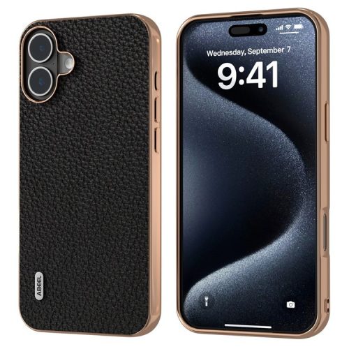 ABEEL For iPhone 16 Case Electroplating Phone Cover Star Series Genuine Cow Leather+TPU Protective Case - Black