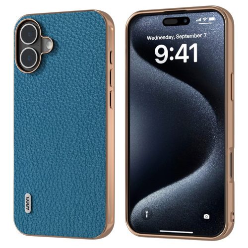 ABEEL For iPhone 16 Case Electroplating Phone Cover Star Series Genuine Cow Leather+TPU Protective Case - Blue