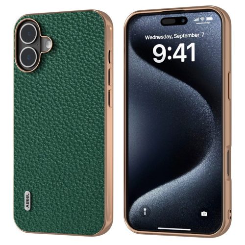 ABEEL For iPhone 16 Case Electroplating Phone Cover Star Series Genuine Cow Leather+TPU Protective Case - Green