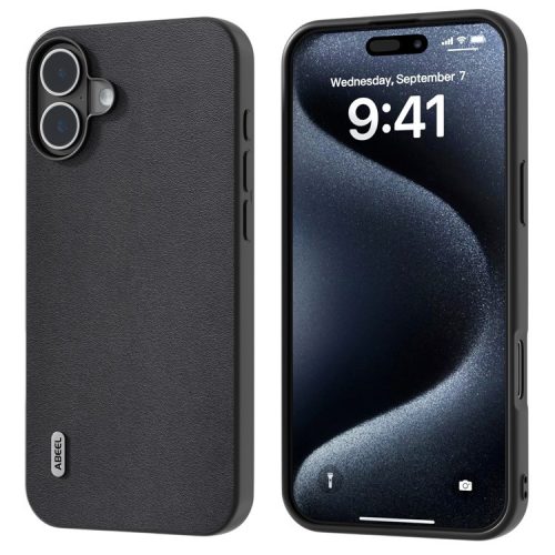 ABEEL For iPhone 16 Case Genuine Cow Leather Coated PC+TPU Hybrid Phone Cover - Black