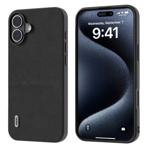 ABEEL For iPhone 16 Case Genuine Cow Leather Coated PC+TPU Hybrid Phone Cover - Black