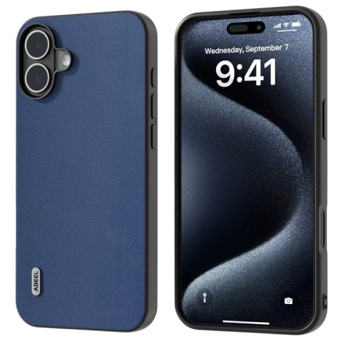 ABEEL For iPhone 16 Case Genuine Cow Leather Coated PC+TPU Hybrid Phone Cover - Blue