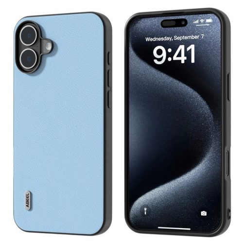 ABEEL For iPhone 16 Case Genuine Cow Leather Coated PC+TPU Hybrid Phone Cover - Blue