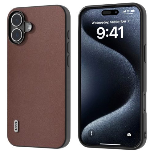 ABEEL For iPhone 16 Case Genuine Cow Leather Coated PC+TPU Hybrid Phone Cover - Coffee