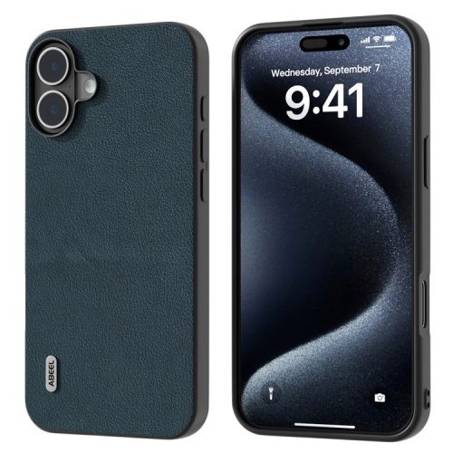 ABEEL For iPhone 16 Case Genuine Cow Leather Coated PC+TPU Hybrid Phone Cover - Green