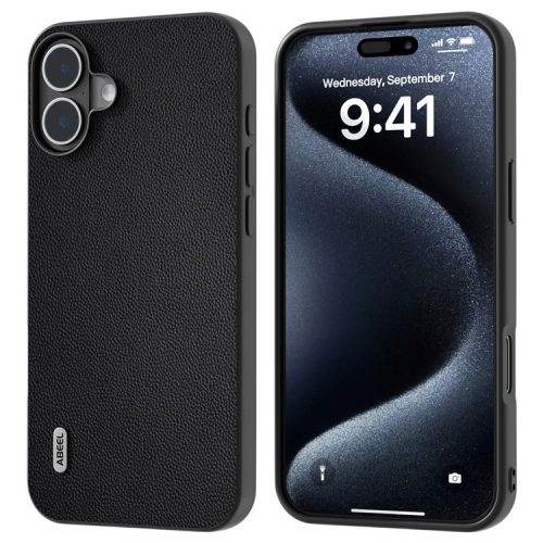 ABEEL For iPhone 16 Case Genuine Cow Leather Coated PC+TPU Non-slip Phone Cover - Black