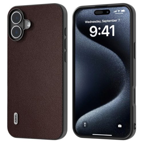 ABEEL For iPhone 16 Case Genuine Cow Leather Coated PC+TPU Non-Slip Phone Cover - Coffee