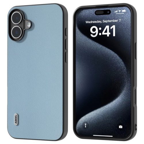 ABEEL For iPhone 16 Case Genuine Cow Leather Coated PC+TPU Non-slip Phone Cover - Sky Blue