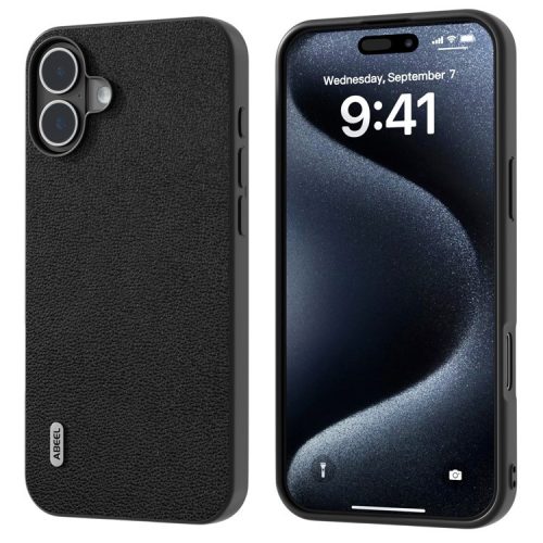 ABEEL For iPhone 16 Case Genuine Cow Leather+PC+TPU Anti-Scratch Phone Cover - Black