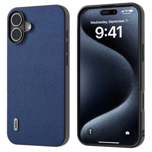 ABEEL For iPhone 16 Case Genuine Cow Leather+PC+TPU Anti-scratch Phone Cover - Blue