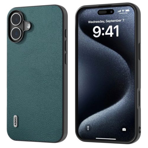 ABEEL For iPhone 16 Case Genuine Cow Leather+PC+TPU Anti-scratch Phone Cover - Midnight Green