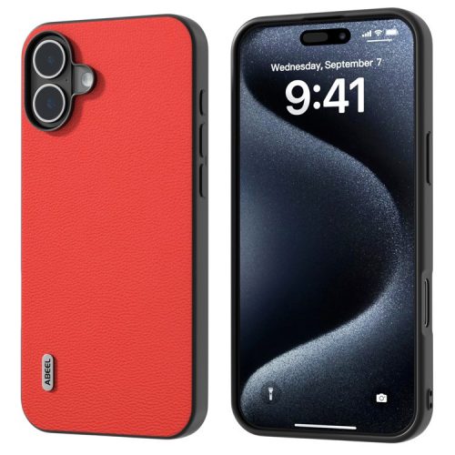 ABEEL For iPhone 16 Case Genuine Cow Leather+PC+TPU Anti-scratch Phone Cover - Red