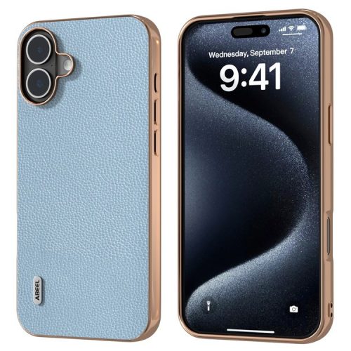 ABEEL For iPhone 16 Case Genuine Cow Leather+PC+TPU Electroplating Phone Cover - Baby Blue