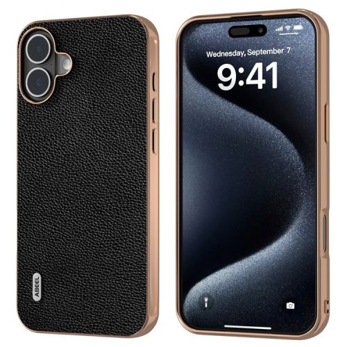 ABEEL For iPhone 16 Case Genuine Cow Leather+PC+TPU Electroplating Phone Cover - Black