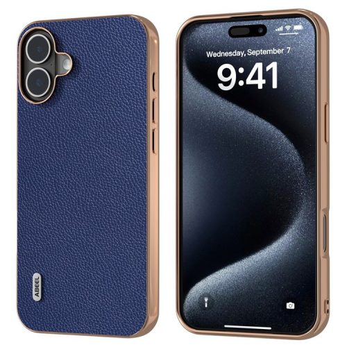 ABEEL For iPhone 16 Case Genuine Cow Leather+PC+TPU Electroplating Phone Cover - Blue